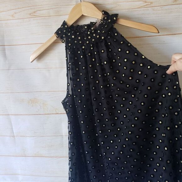 LOFT Metalilic Polka Dot Ruffle High Neck Sleeveless Mesh Shell Blouse Medium - Picture 4 of 10